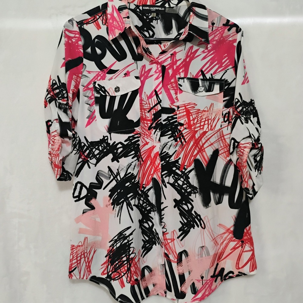 Karl Lagerfeld Paris Small Graffiti Print Roll Tab Sleeve Blouse Pink Black W - Picture 2 of 7